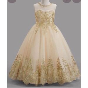Girls Pageant Ball Gown Dress Cream Gold Runway Sparkle Glamour Princess Royal